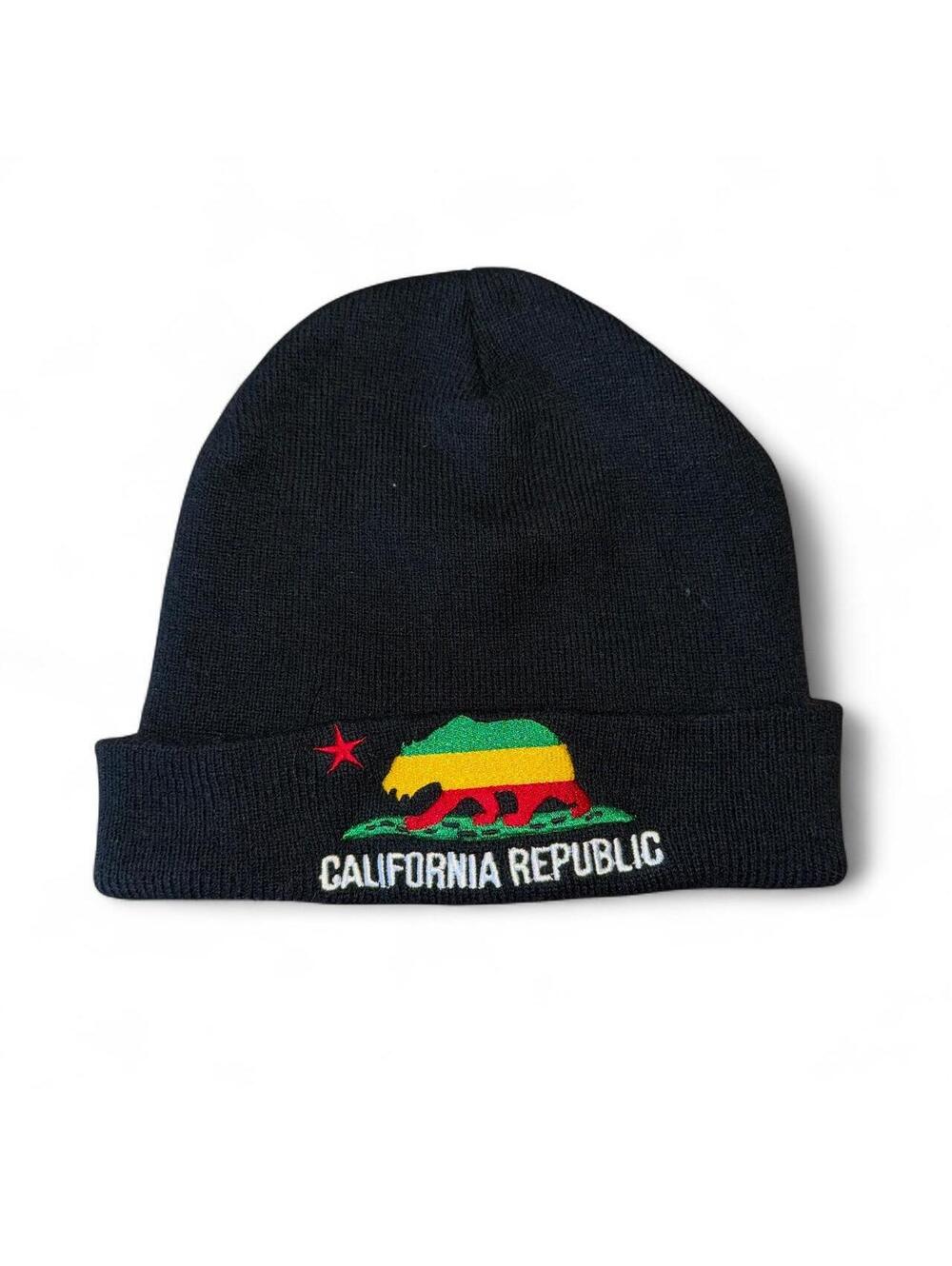 Rasta California Republic Embroidered Beanie | Black Cuffed Knit Cap
